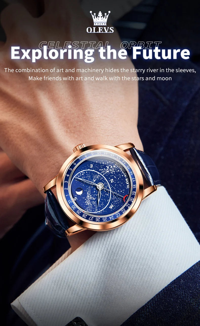 OLEVS 9923 Men's Casual Fashion Luxury Mechanical Watch Leather Strap Luminous High Quality Stainless Steel round Case Wristwatch