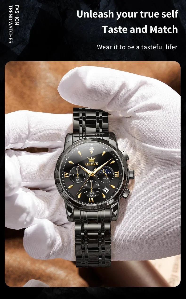OLEVS 3639 Men's Luxury Quartz Watch Stainless Steel Luminous Moon Phase Waterproof Wristwatch with Push Button Hidden Clasp