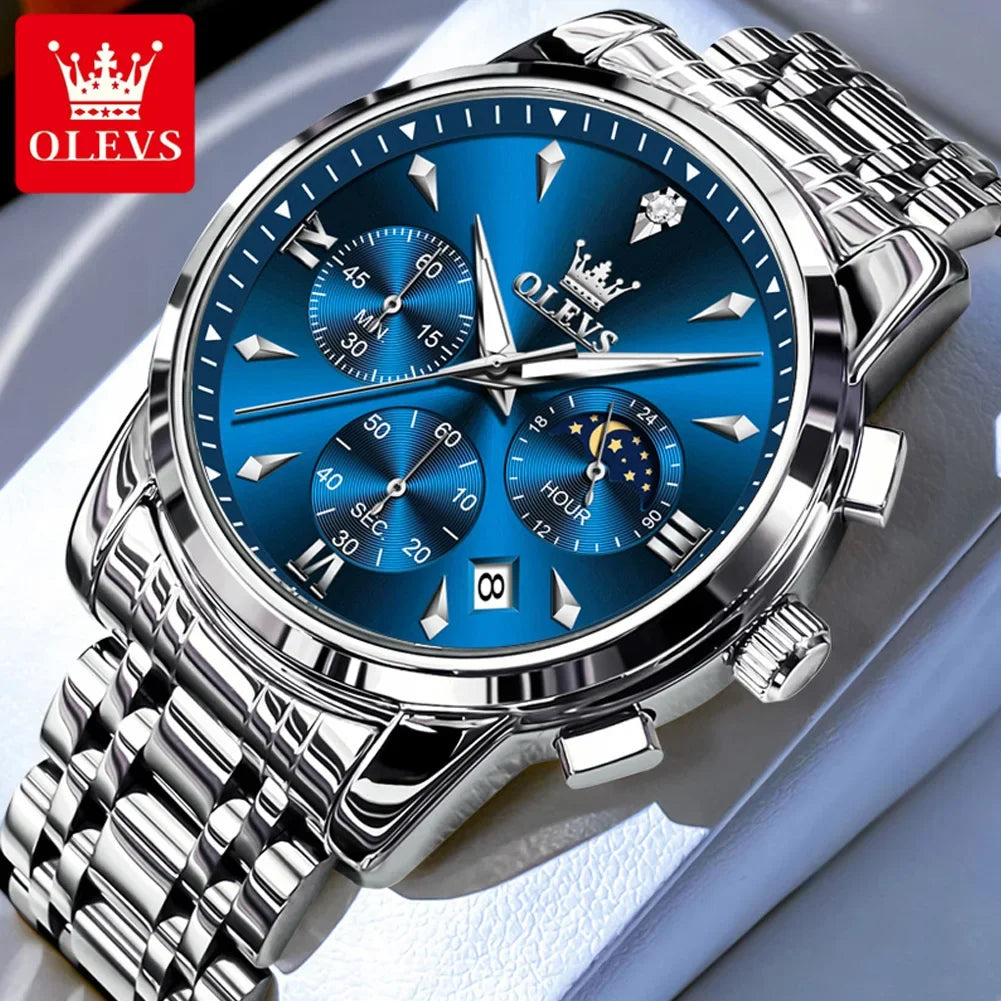OLEVS 3639 Men's Luxury Quartz Watch Stainless Steel Luminous Moon Phase Waterproof Wristwatch with Push Button Hidden Clasp