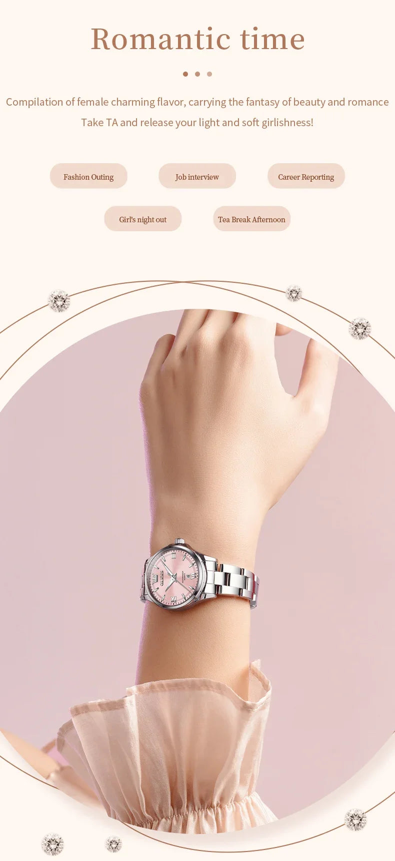 OLEVS 3668 Luxury Stainless Steel Quartz Watch for Women Waterproof Roman Numeral Date Display round Dial Push Button Hidden Clasp