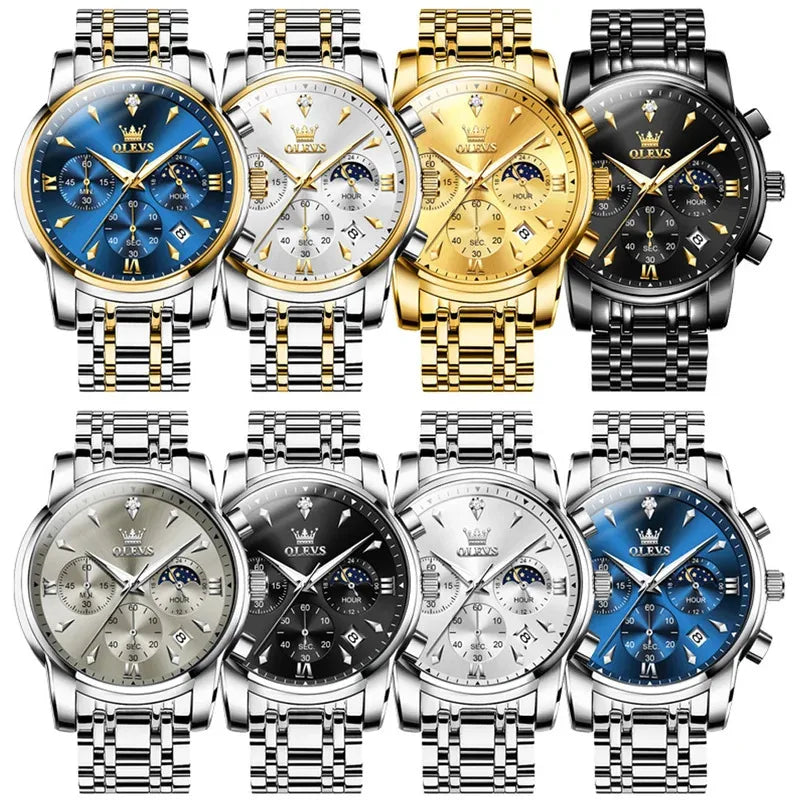 OLEVS 3639 Men's Luxury Quartz Watch Stainless Steel Luminous Moon Phase Waterproof Wristwatch with Push Button Hidden Clasp