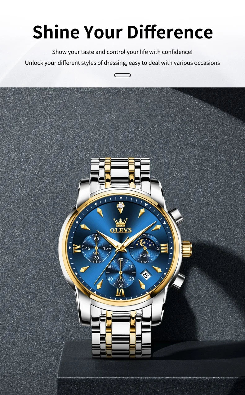 OLEVS 3639 Men's Luxury Quartz Watch Stainless Steel Luminous Moon Phase Waterproof Wristwatch with Push Button Hidden Clasp
