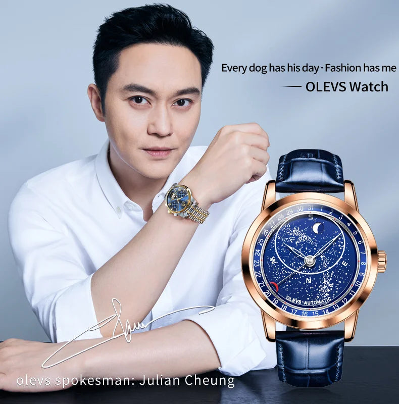 OLEVS 9923 Men's Casual Fashion Luxury Mechanical Watch Leather Strap Luminous High Quality Stainless Steel round Case Wristwatch