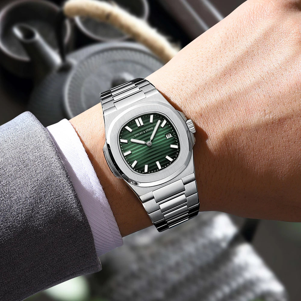 Specht & Söhne Classic 5711 Ultra Thin Men's Watch Green Sapphire Crystal 50M Water Resistant Stainless Steel Quartz Wristwatch