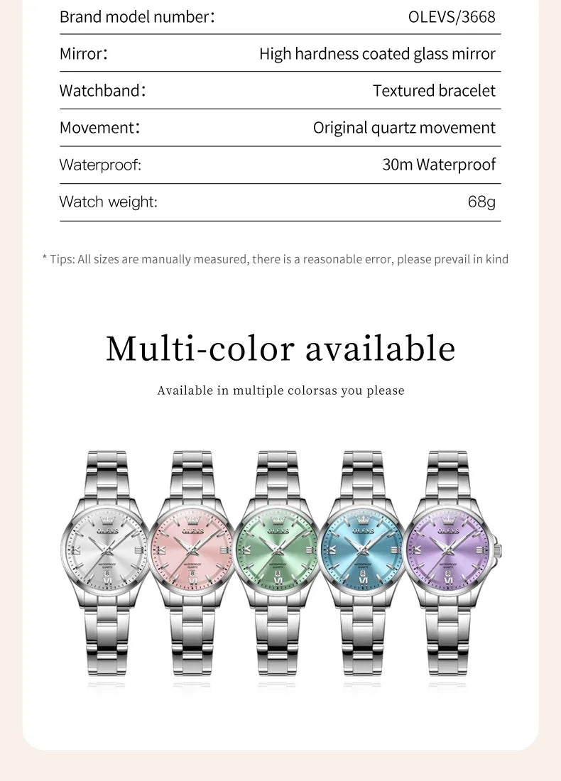 OLEVS 3668 Luxury Stainless Steel Quartz Watch for Women Waterproof Roman Numeral Date Display round Dial Push Button Hidden Clasp