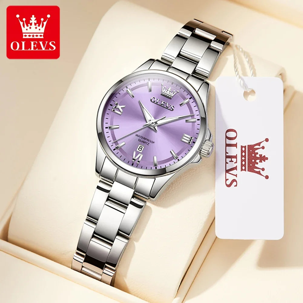 OLEVS 3668 Luxury Stainless Steel Quartz Watch for Women Waterproof Roman Numeral Date Display round Dial Push Button Hidden Clasp