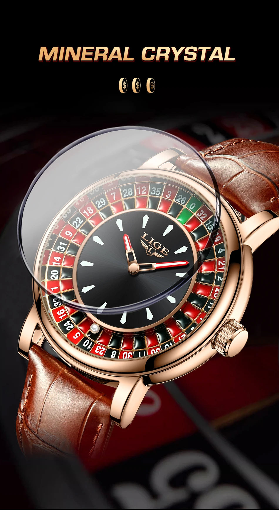 LIGE Fashion Brown Leather Men Watch Rotating Dial Las Vegas Roulette Desktop Theme Watch Men Waterproof Luminous Clock Watches