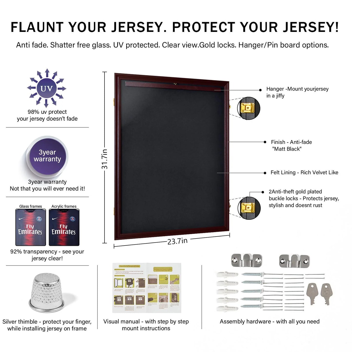 Football Baseball Basketball Hockey Jersey Display Case Frame,With UV Protection Acrylic Wood Hanger, Brown