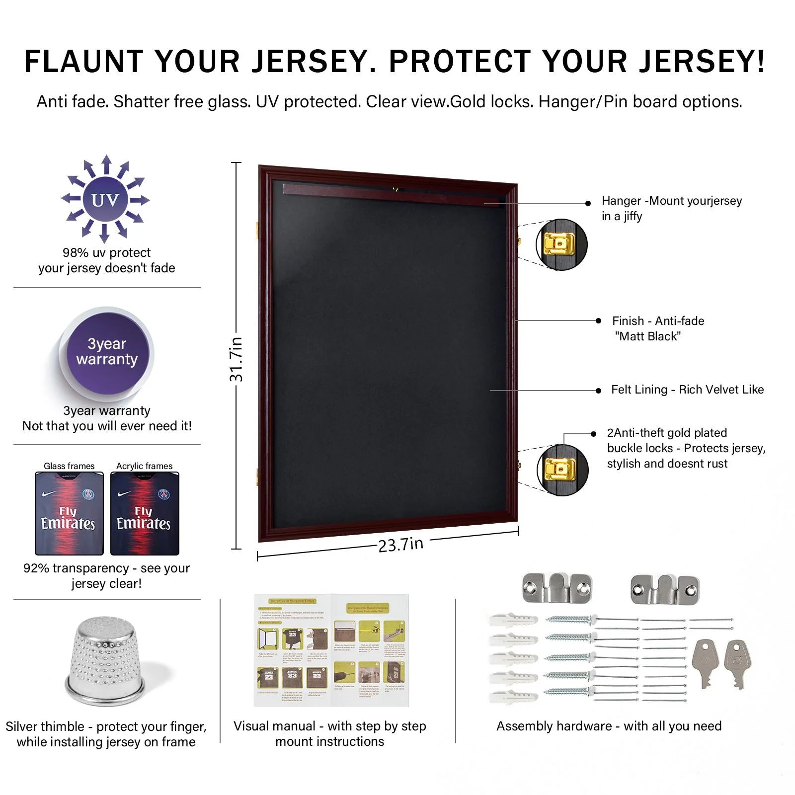 Football Baseball Basketball Hockey Jersey Display Case Frame,With UV Protection Acrylic Wood Hanger, Brown