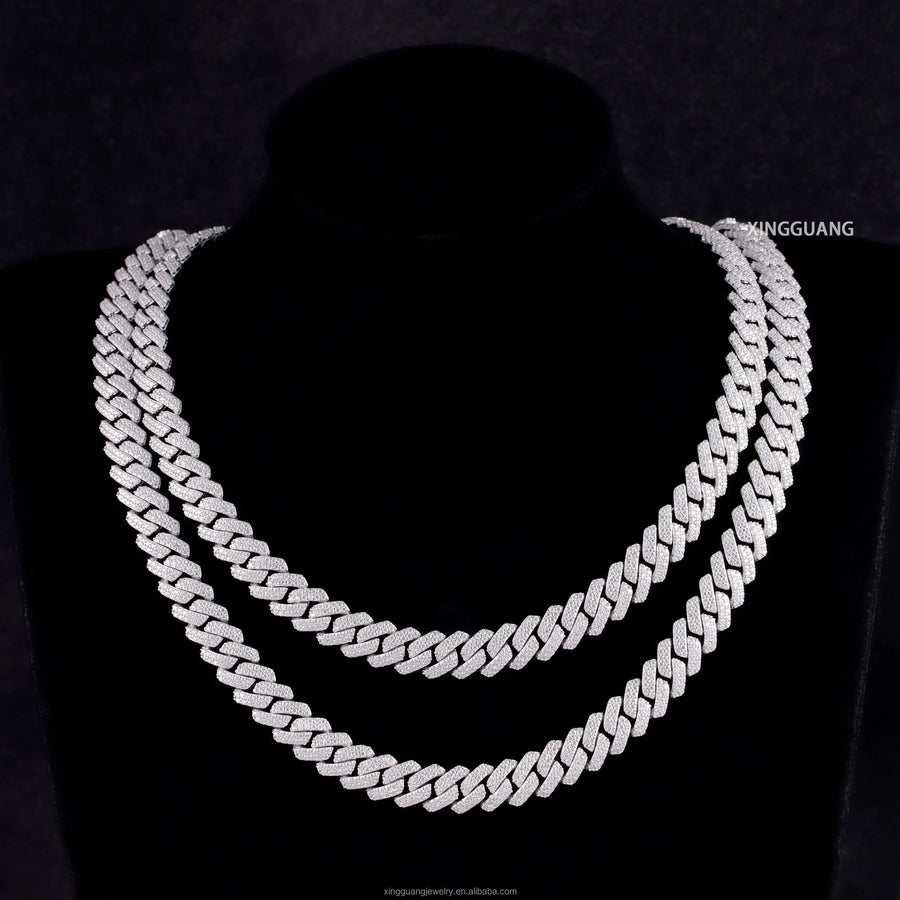 Hip Hop Jewelry 2rows 8mm 10mm 12mm 13mm 14mm 15mm VVS Moissanite Diamond Cuban Link Chain 925 Silver Moissanite Necklace