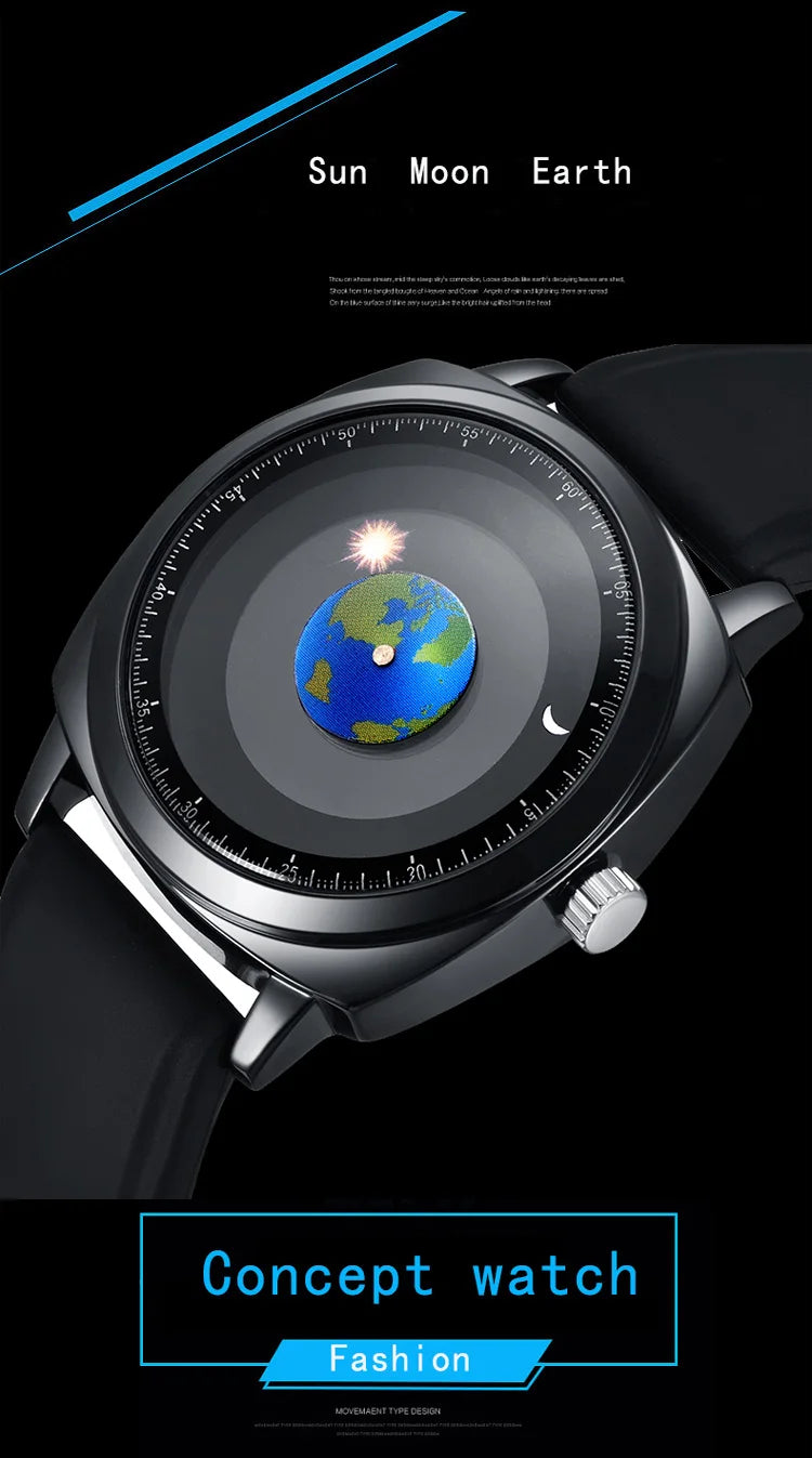 ADDIES Fashion Personality Creative Rotation Earth Watch Silicone Leather Quartz Sport Watches