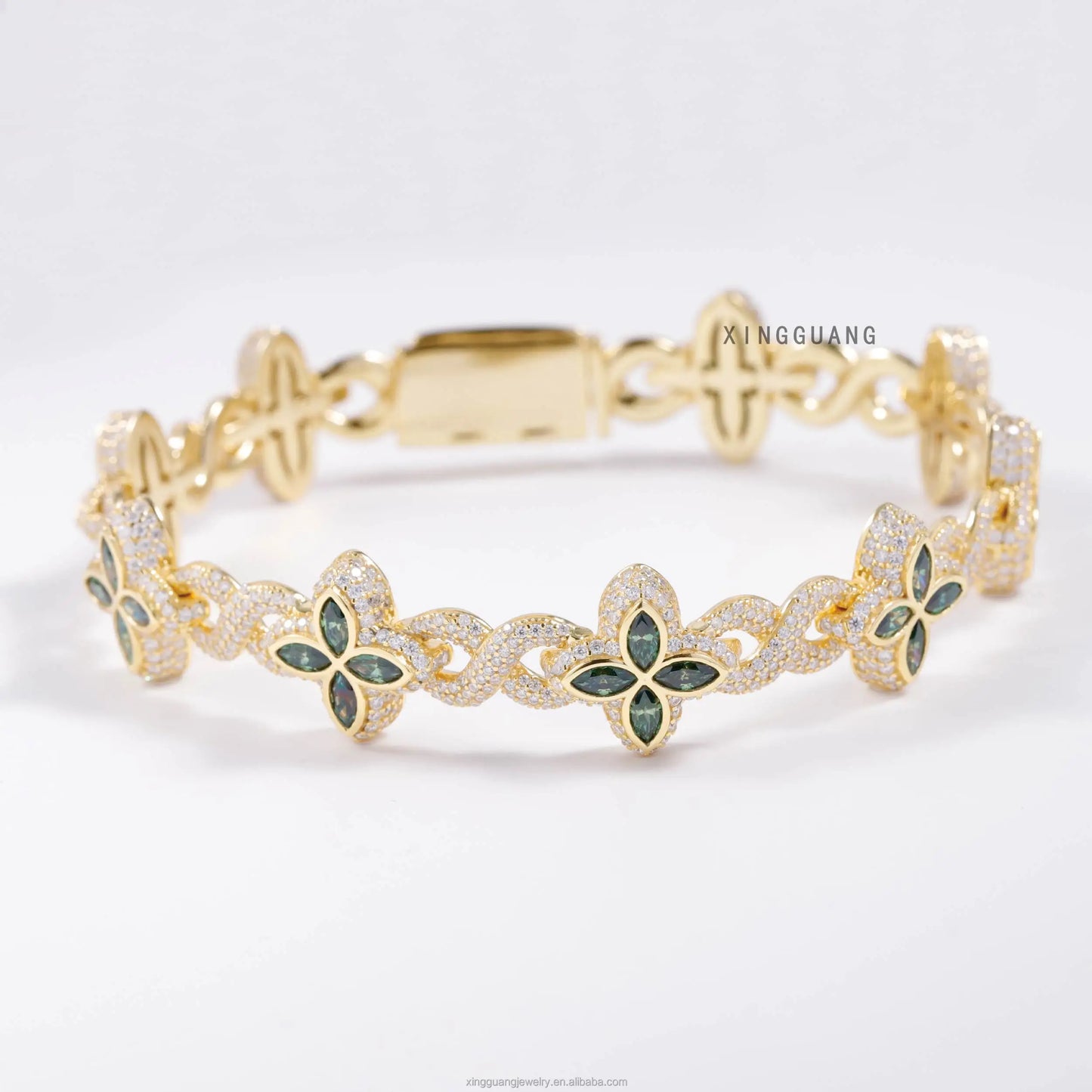 Charm Colorful Marquise Eye Moissanite Four Leaf Clover 925 Silver Cuban Chain Bracelet Mens Women Jewelry Bracelet Bangles