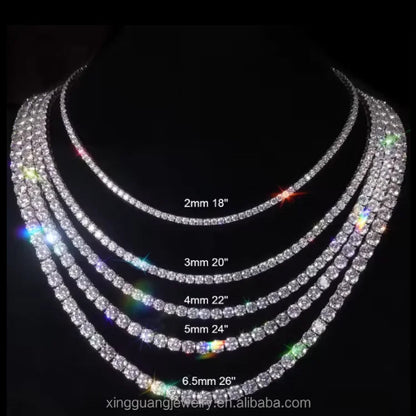 Fashion Hip Hop Jewelry 2MM 3MM 4MM 5MM Width Gold Plated Bling VVS Round Moissanite Tennis Chain