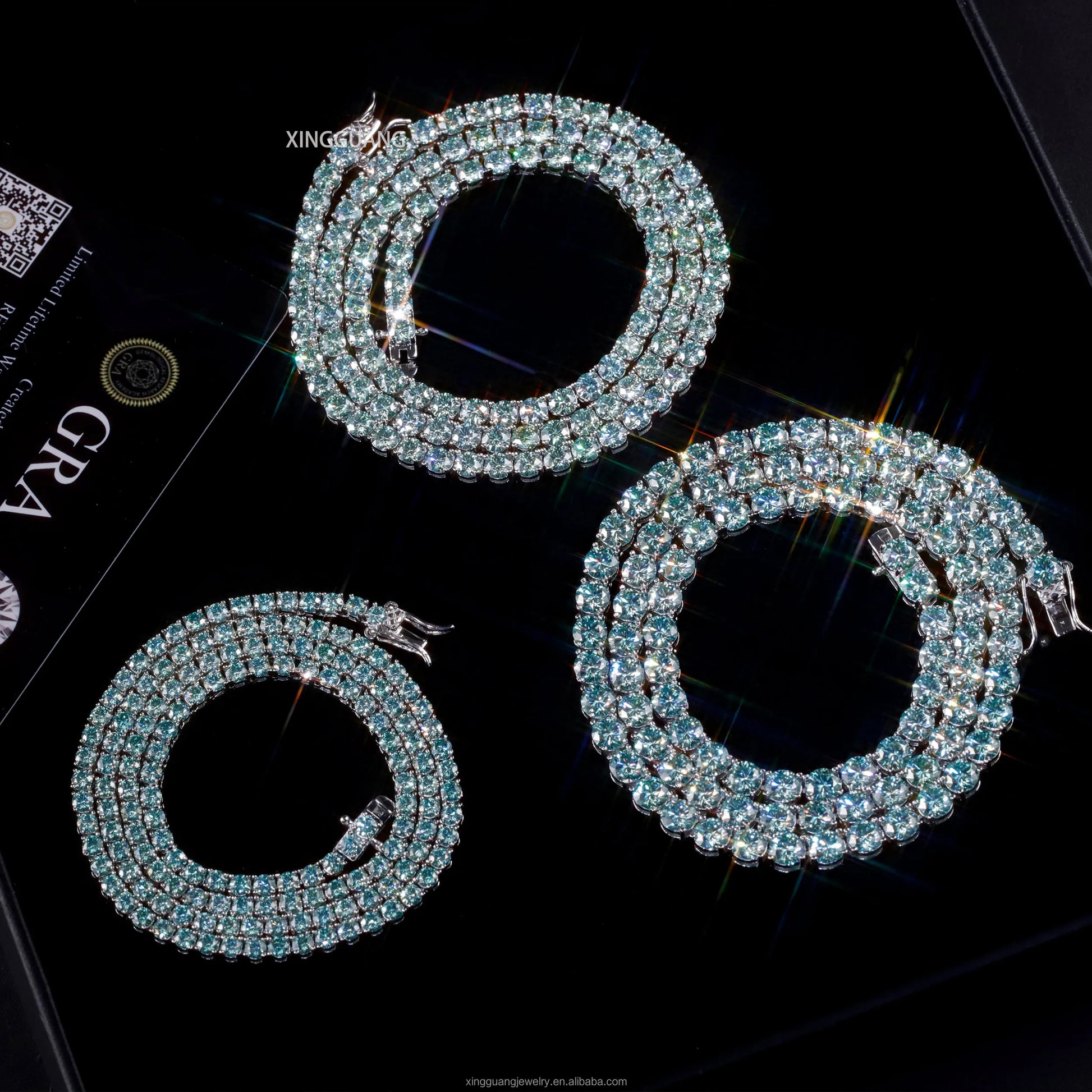 Shiny Moissanite tennis chains and bracelets in green and blue on a black background, perfect for hip hop style, 925 silver.