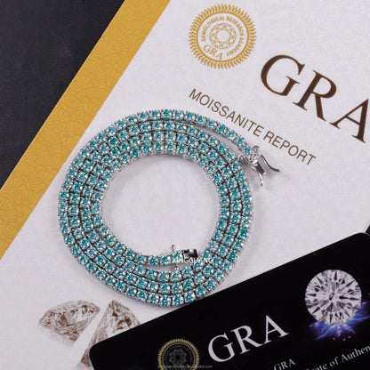 Sparkling Moissanite tennis chain bracelet with shiny turquoise stones on a GRA report backdrop
