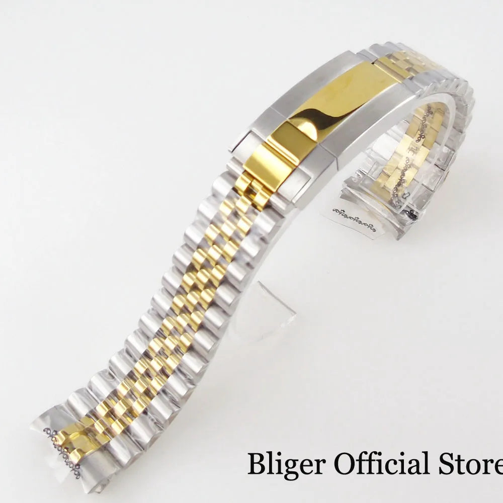 BLIGER Silver Black 20mm Width Stainless Steel Jubilee Watch Strap Bracelet Two Tone Gold/Rose Gold Glide Lock Clasp