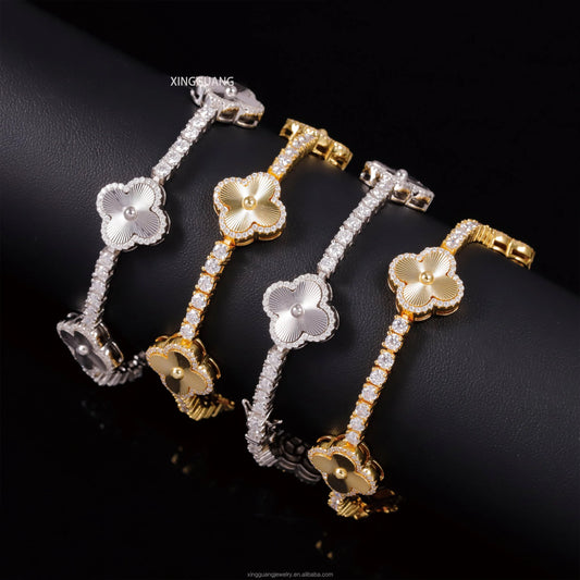 GRA Certificate Hip Hop Style 925 Sterling Silver 3mm VVS1Moissanite Diamond Clover Bracelet Tennis Chain for Men Jewelry