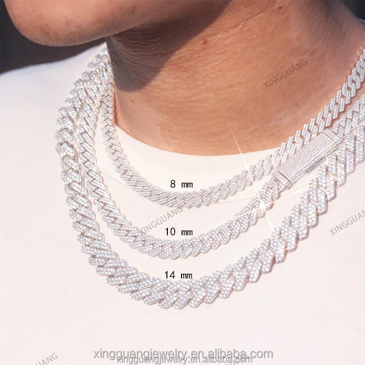 Hip Hop Jewelry 2rows 8mm 10mm 12mm 13mm 14mm 15mm VVS Moissanite Diamond Cuban Link Chain 925 Silver Moissanite Necklace