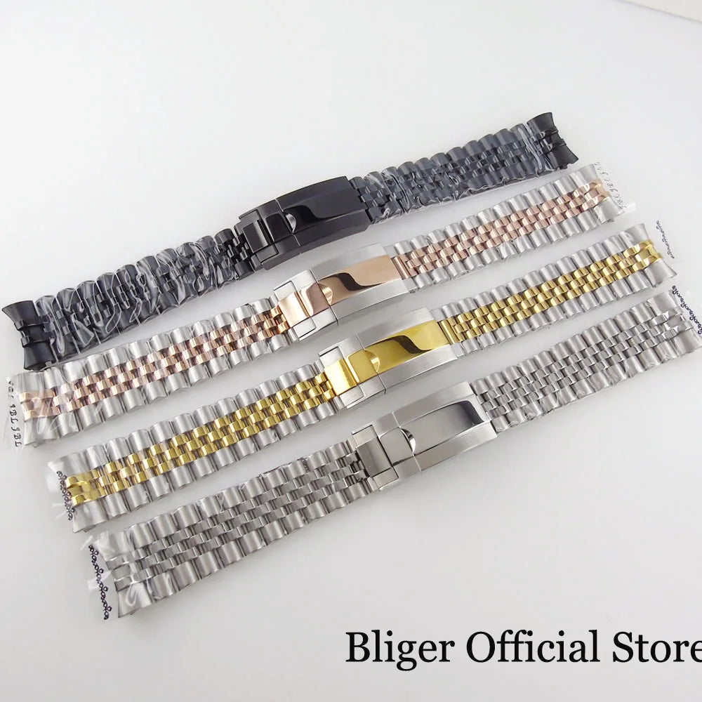 BLIGER Silver Black 20mm Width Stainless Steel Jubilee Watch Strap Bracelet Two Tone Gold/Rose Gold Glide Lock Clasp