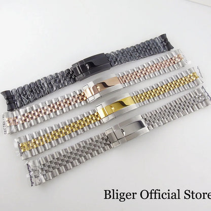 BLIGER Silver Black 20mm Width Stainless Steel Jubilee Watch Strap Bracelet Two Tone Gold/Rose Gold Glide Lock Clasp