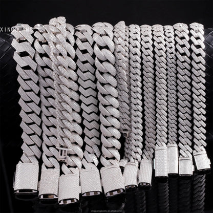 Hip Hop Jewelry 2rows 8mm 10mm 12mm 13mm 14mm 15mm VVS Moissanite Diamond Cuban Link Chain 925 Silver Moissanite Necklace