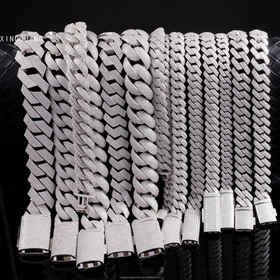 Hip Hop Jewelry 2rows 8mm 10mm 12mm 13mm 14mm 15mm VVS Moissanite Diamond Cuban Link Chain 925 Silver Moissanite Necklace