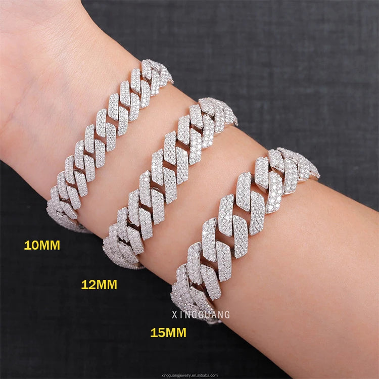 Hip Hop Jewelry 2rows 8mm 10mm 12mm 13mm 14mm 15mm VVS Moissanite Diamond Cuban Link Chain 925 Silver Moissanite Necklace