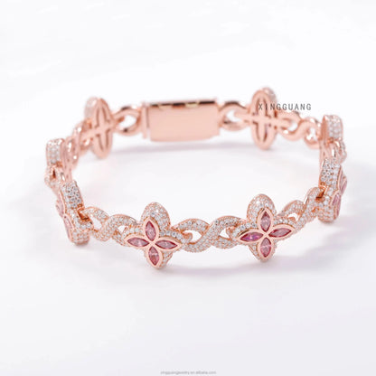 Charm Colorful Marquise Eye Moissanite Four Leaf Clover 925 Silver Cuban Chain Bracelet Mens Women Jewelry Bracelet Bangles