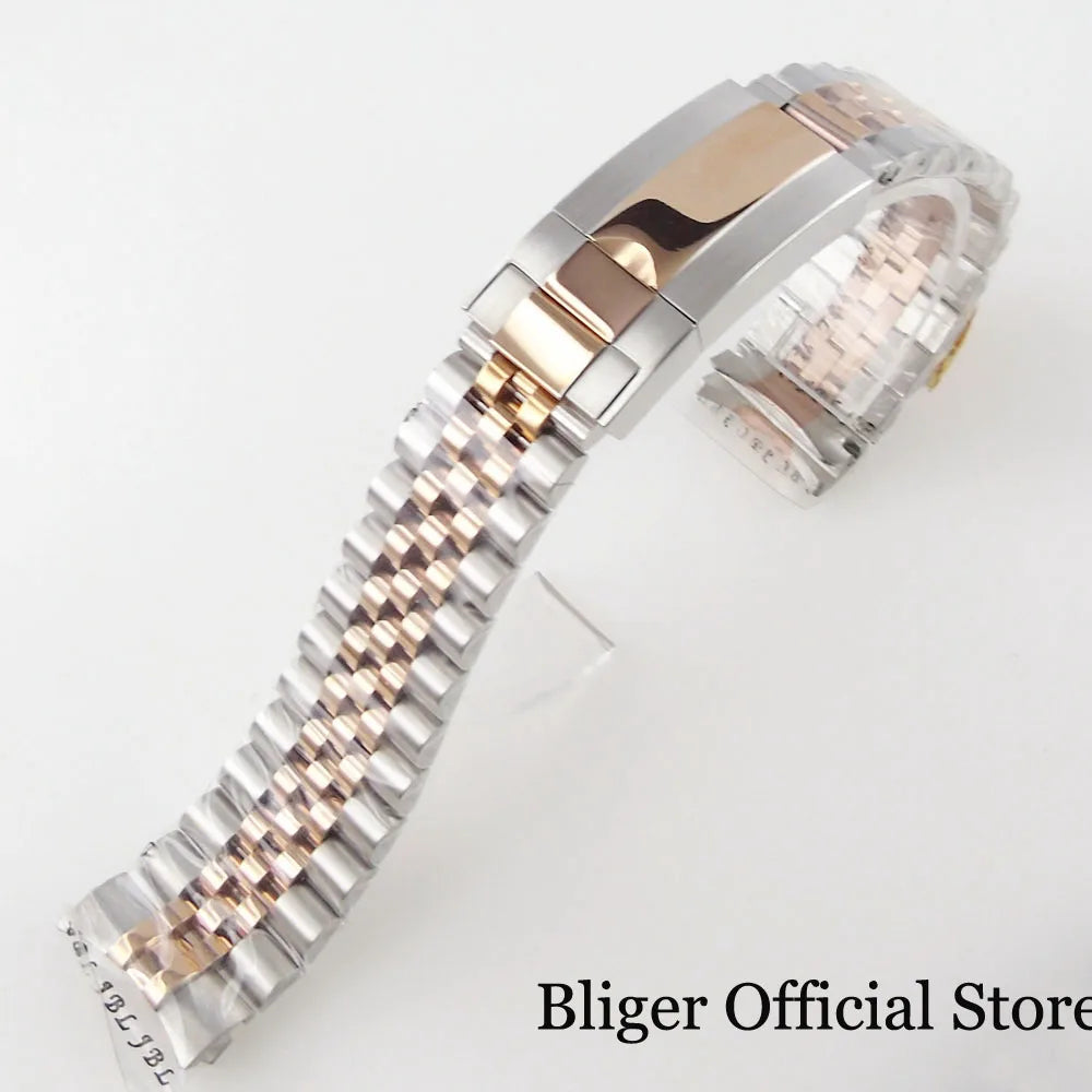 BLIGER Silver Black 20mm Width Stainless Steel Jubilee Watch Strap Bracelet Two Tone Gold/Rose Gold Glide Lock Clasp