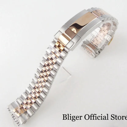 BLIGER Silver Black 20mm Width Stainless Steel Jubilee Watch Strap Bracelet Two Tone Gold/Rose Gold Glide Lock Clasp