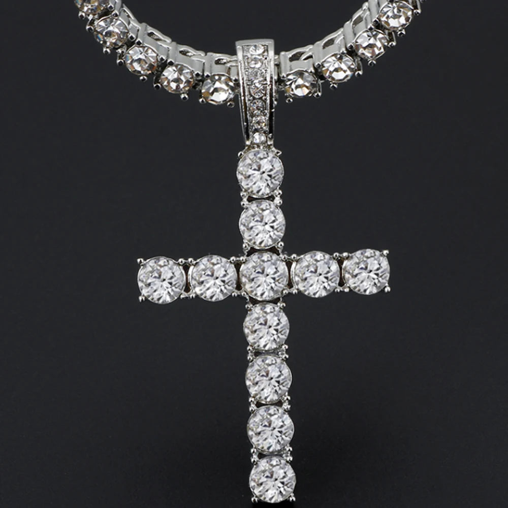 Men Women Hip Hop Cross Pendant Necklace With 4mm Zircon Tennis Chain Iced Out Exquisite Bling Jewelry Fashion Trendy Creative
