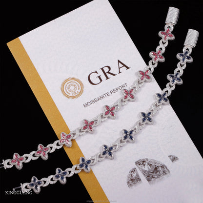 Charm Colorful Marquise Eye Moissanite Four Leaf Clover 925 Silver Cuban Chain Bracelet Mens Women Jewelry Bracelet Bangles