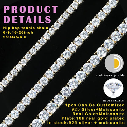 Fashion Hip Hop Jewelry 2MM 3MM 4MM 5MM Width Gold Plated Bling VVS Round Moissanite Tennis Chain
