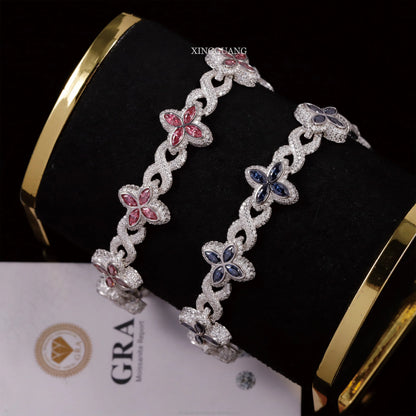 Charm Colorful Marquise Eye Moissanite Four Leaf Clover 925 Silver Cuban Chain Bracelet Mens Women Jewelry Bracelet Bangles