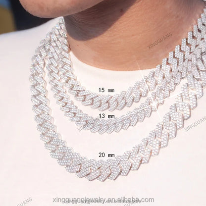 Hip Hop Jewelry 2rows 8mm 10mm 12mm 13mm 14mm 15mm VVS Moissanite Diamond Cuban Link Chain 925 Silver Moissanite Necklace