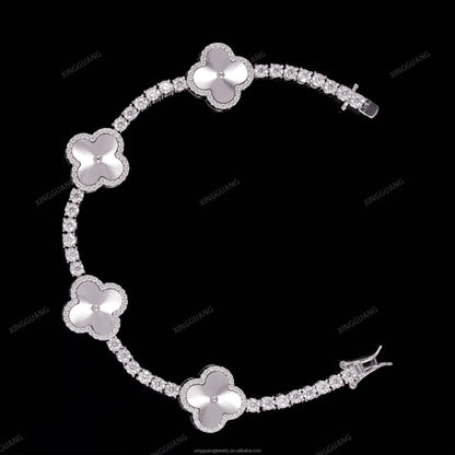 GRA Certificate Hip Hop Style 925 Sterling Silver 3mm VVS1Moissanite Diamond Clover Bracelet Tennis Chain for Men Jewelry