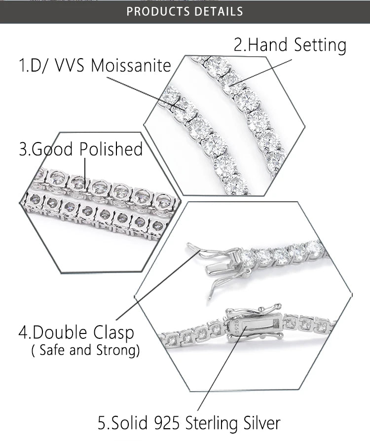 GRA Certificate Hip Hop Style 925 Sterling Silver 3mm VVS1Moissanite Diamond Clover Bracelet Tennis Chain for Men Jewelry