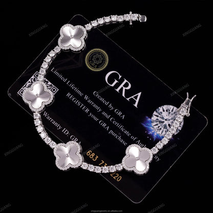 GRA Certificate Hip Hop Style 925 Sterling Silver 3mm VVS1Moissanite Diamond Clover Bracelet Tennis Chain for Men Jewelry