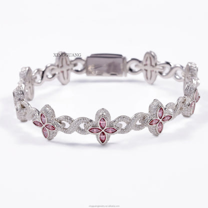 Charm Colorful Marquise Eye Moissanite Four Leaf Clover 925 Silver Cuban Chain Bracelet Mens Women Jewelry Bracelet Bangles