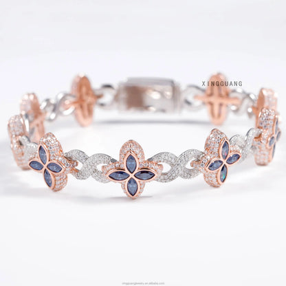 Charm Colorful Marquise Eye Moissanite Four Leaf Clover 925 Silver Cuban Chain Bracelet Mens Women Jewelry Bracelet Bangles
