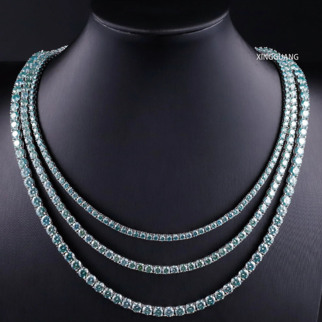 Three-layered Moissanite tennis chain necklace in sparkling green and blue hues, crafted from S925 silver, perfect for men and women.