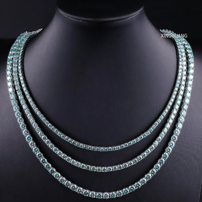 Three-layered Moissanite tennis chain necklace in sparkling green and blue hues, crafted from S925 silver, perfect for men and women.