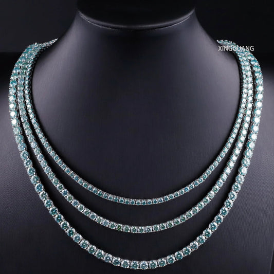 Three-layered Moissanite tennis chain necklace in sparkling green and blue hues, crafted from S925 silver, perfect for men and women.
