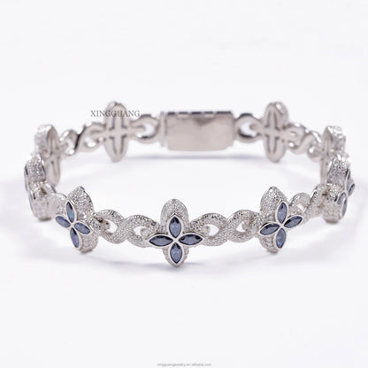 Charm Colorful Marquise Eye Moissanite Four Leaf Clover 925 Silver Cuban Chain Bracelet Mens Women Jewelry Bracelet Bangles