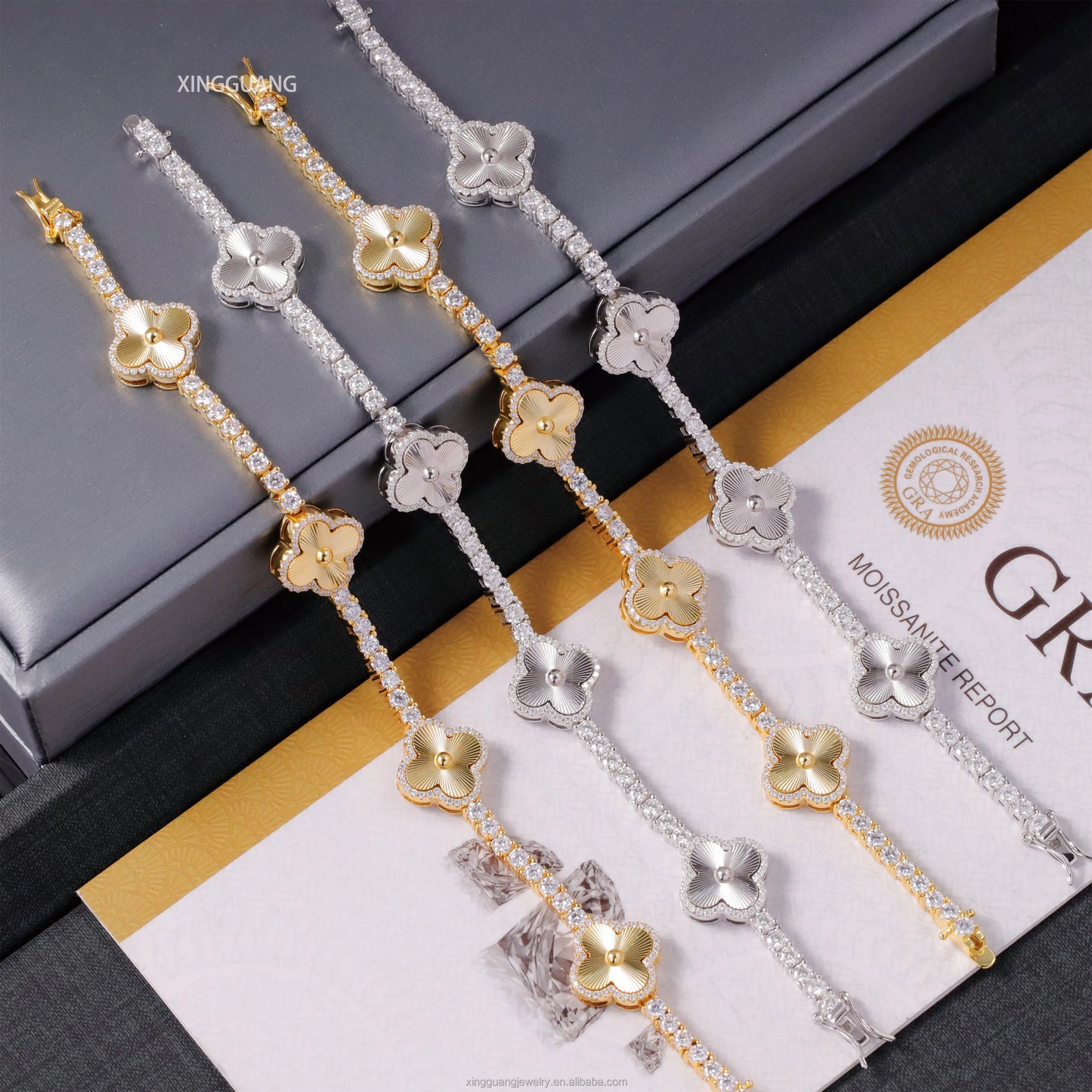 GRA Certificate Hip Hop Style 925 Sterling Silver 3mm VVS1Moissanite Diamond Clover Bracelet Tennis Chain for Men Jewelry