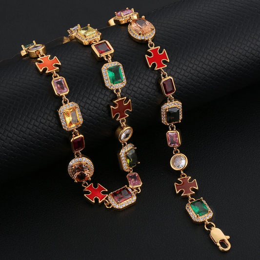 Gorgeous Mixed Gemstone Cross Tennis Chain 5A CZ Enamel Gem 18K Gold Plated Vintage Multi Colored Jewelry Necklace for Women Men