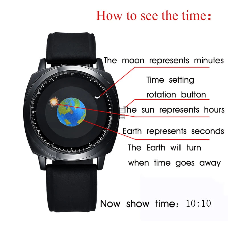 ADDIES Fashion Personality Creative Rotation Earth Watch Silicone Leather Quartz Sport Watches