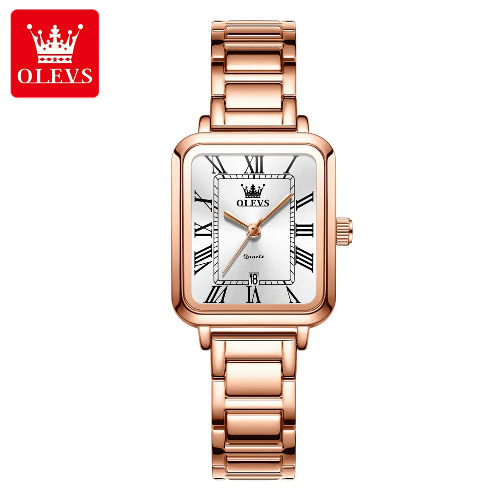 OLEVS Classic Square Women's Watch Roman Numerals Stainless Steel Band Quartz Movement Waterproof Casual Luxury Watch 5641