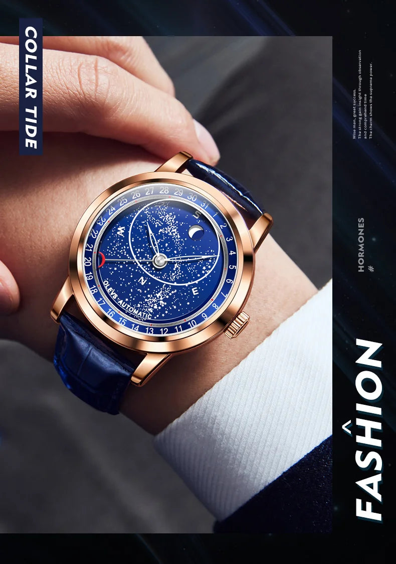 OLEVS 9923 Men's Casual Fashion Luxury Mechanical Watch Leather Strap Luminous High Quality Stainless Steel round Case Wristwatch