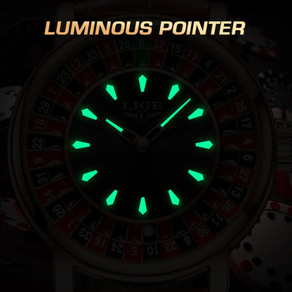 LIGE Fashion Brown Leather Men Watch Rotating Dial Las Vegas Roulette Desktop Theme Watch Men Waterproof Luminous Clock Watches